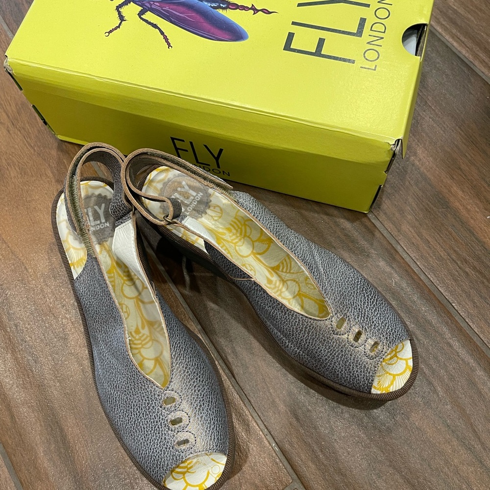Fly London Women's Charcoal Peep Toe Wedges